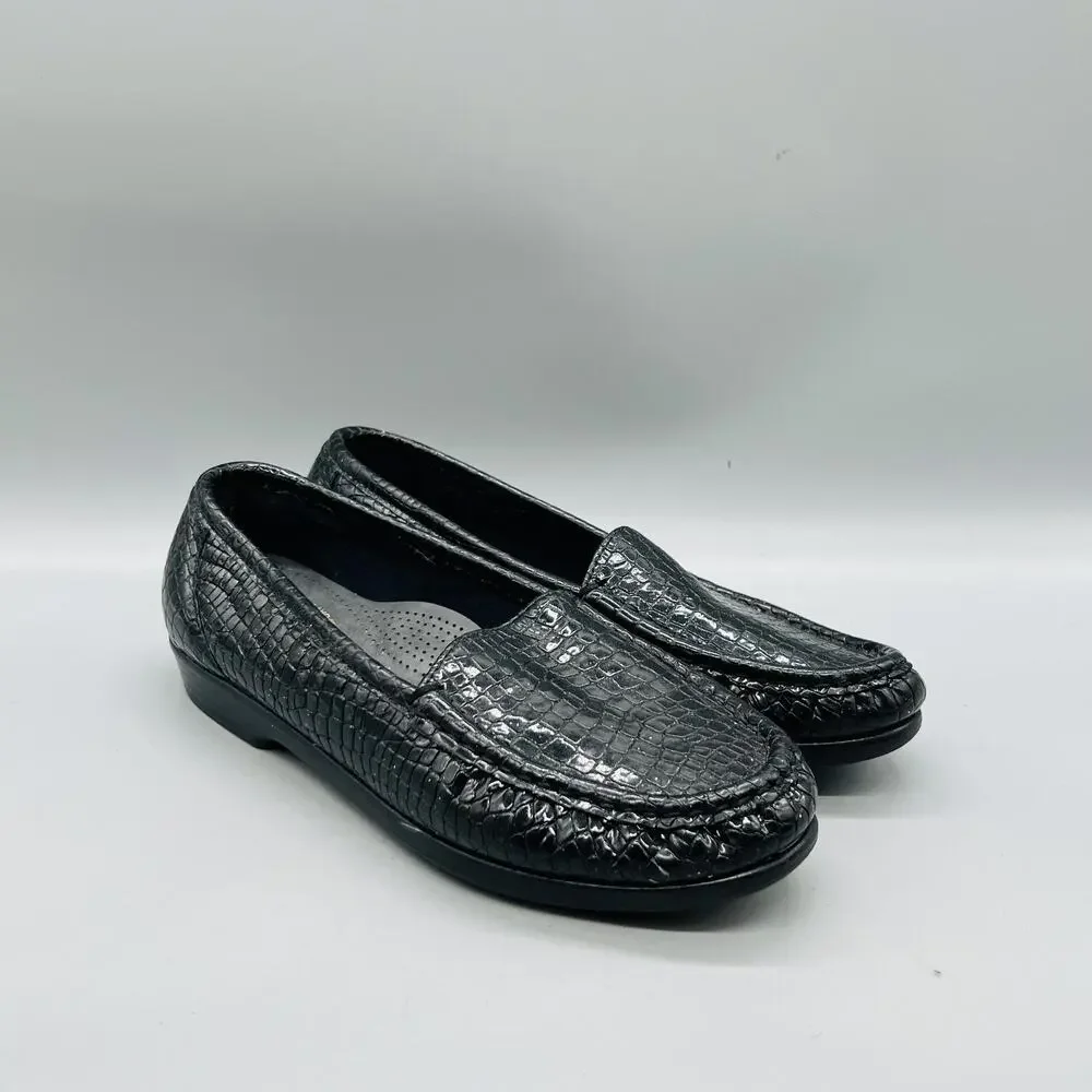 SAS Shoes Womens 7.5 Black Leather Croc Print Tripad Comfort Loafers Slip On